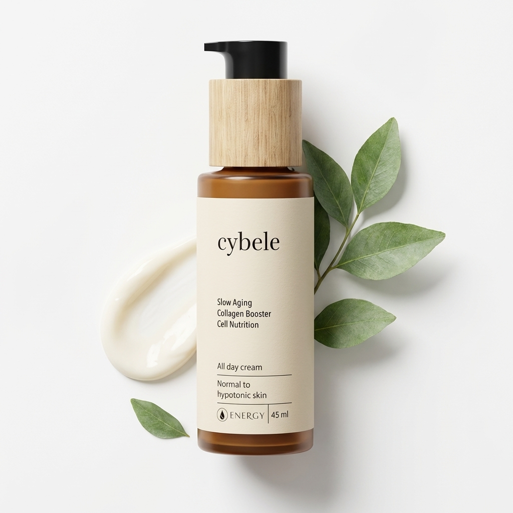 Energy Cybele pleťový krém – anti-age krém s kolagenovým efektem, textura krému a jemné listy na světlém pozadí